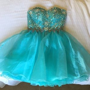 Short strapless aqua prom dress